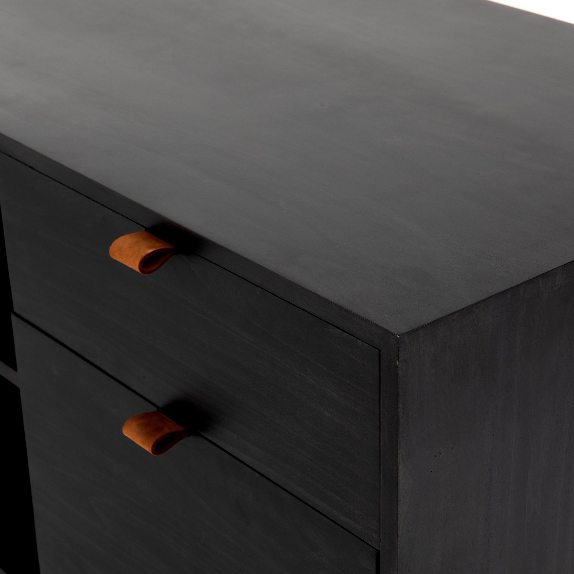 Trey Desk with Filing Credenza by Four Hands in black wash and natural iron, black wash poplar, toffee leather. Made from solid poplar, top grain leather, iron in a modern style.