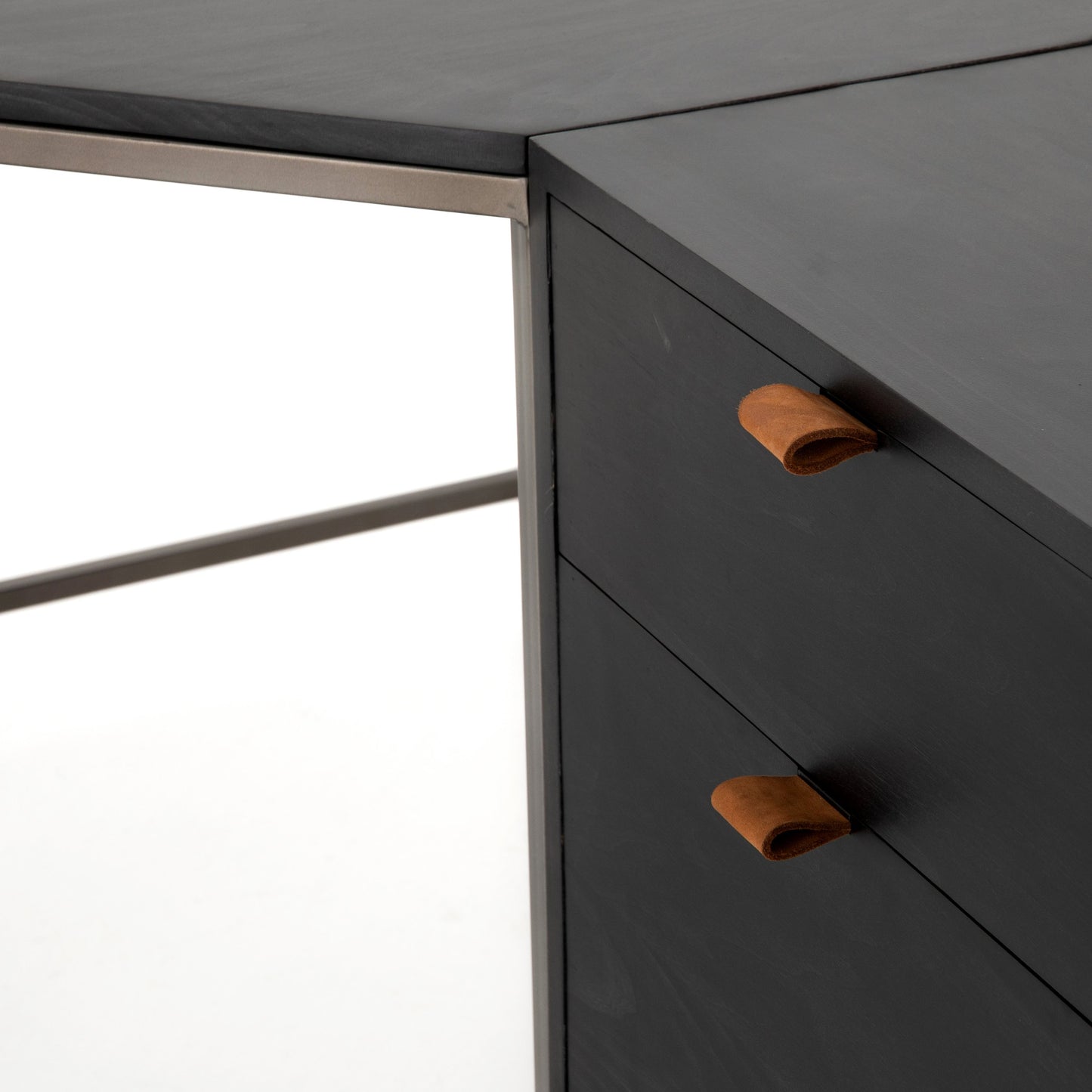 023 SI-1717030 | Closeup | Trey Desk with Filing Credenza by Four Hands in black wash and natural iron, black wash poplar, toffee leather. Made from solid poplar, top grain leather, iron in a modern style.