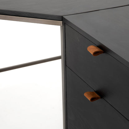 Trey Desk with Filing Credenza by Four Hands in black wash and natural iron, black wash poplar, toffee leather. Made from solid poplar, top grain leather, iron in a modern style.