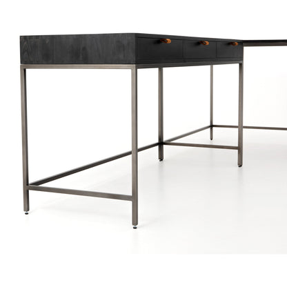 Trey Desk with Filing Credenza by Four Hands in black wash and natural iron, black wash poplar, toffee leather. Made from solid poplar, top grain leather, iron in a modern style.