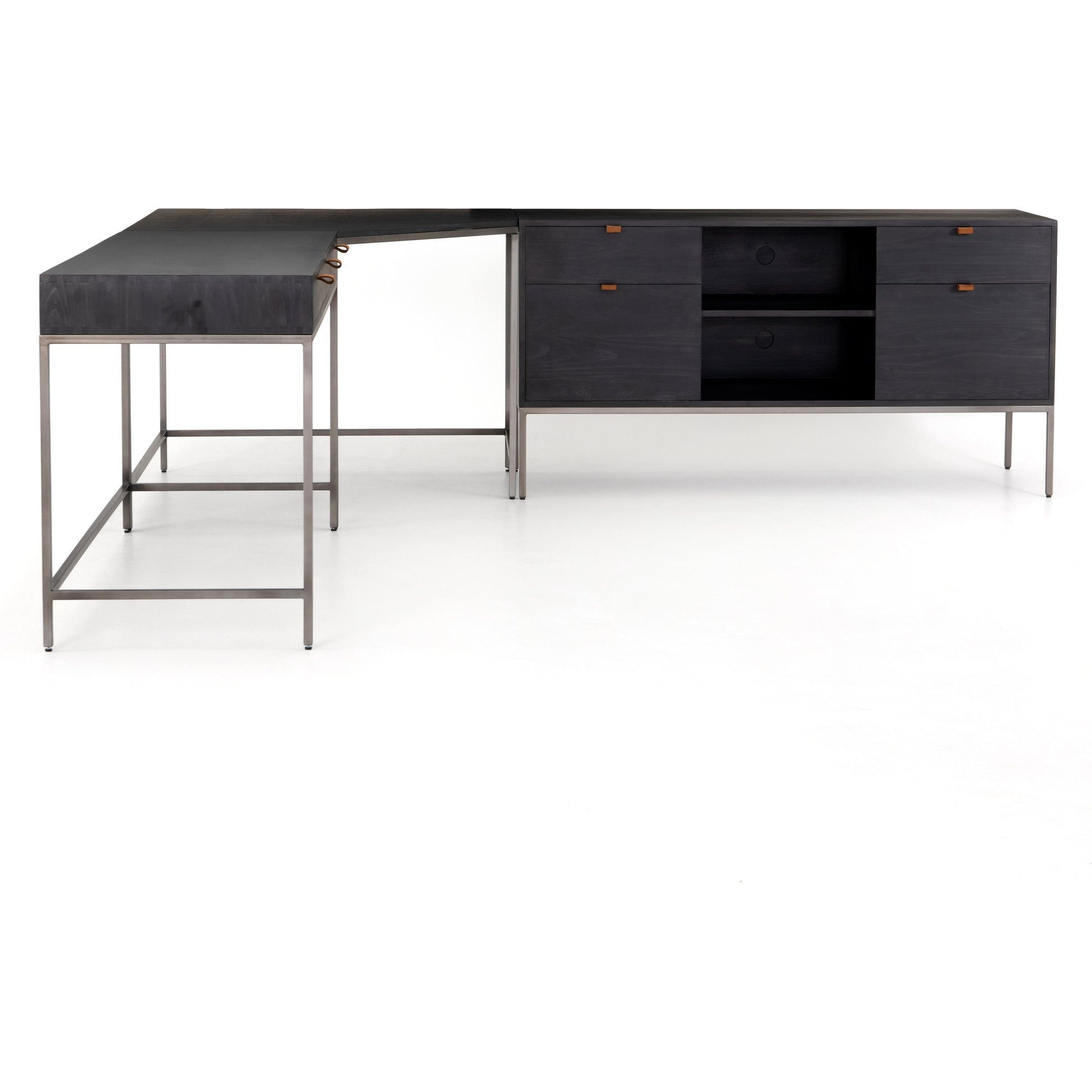 Trey Desk with Filing Credenza by Four Hands in black wash and natural iron, black wash poplar, toffee leather. Made from solid poplar, top grain leather, iron in a modern style.