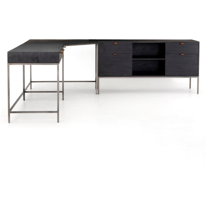 Trey Desk with Filing Credenza by Four Hands in black wash and natural iron, black wash poplar, toffee leather. Made from solid poplar, top grain leather, iron in a modern style.