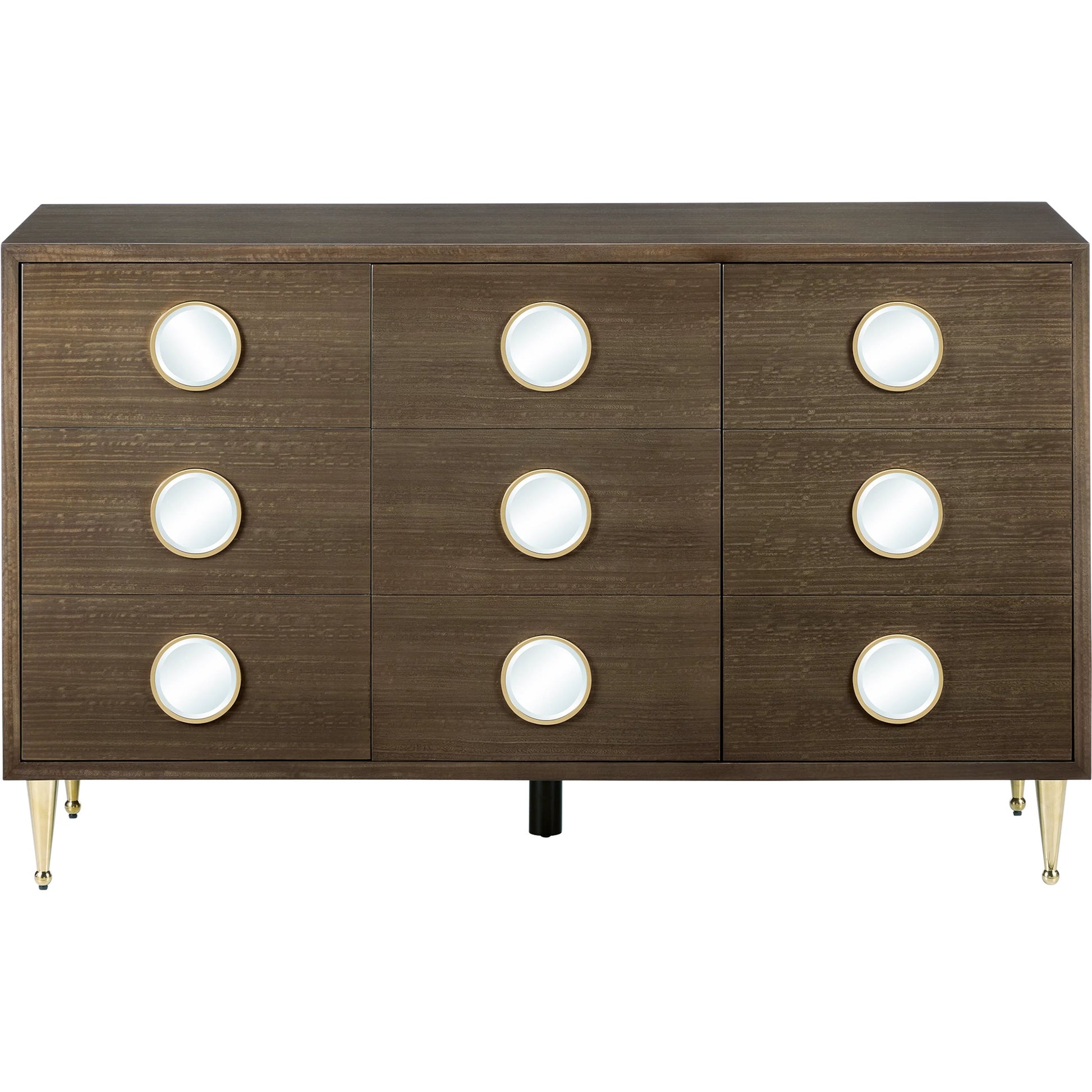 Colette Cabinet by Currey and Company in tawny brown, polished brass, mirror. Made from figured eucalyptus, stainless steel, glass in a modern style.