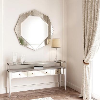 Mezzanine Round Mirror by A.R.T. Furniture in dove gray. Made from parawood, poplar solids, mirror in a modern style.