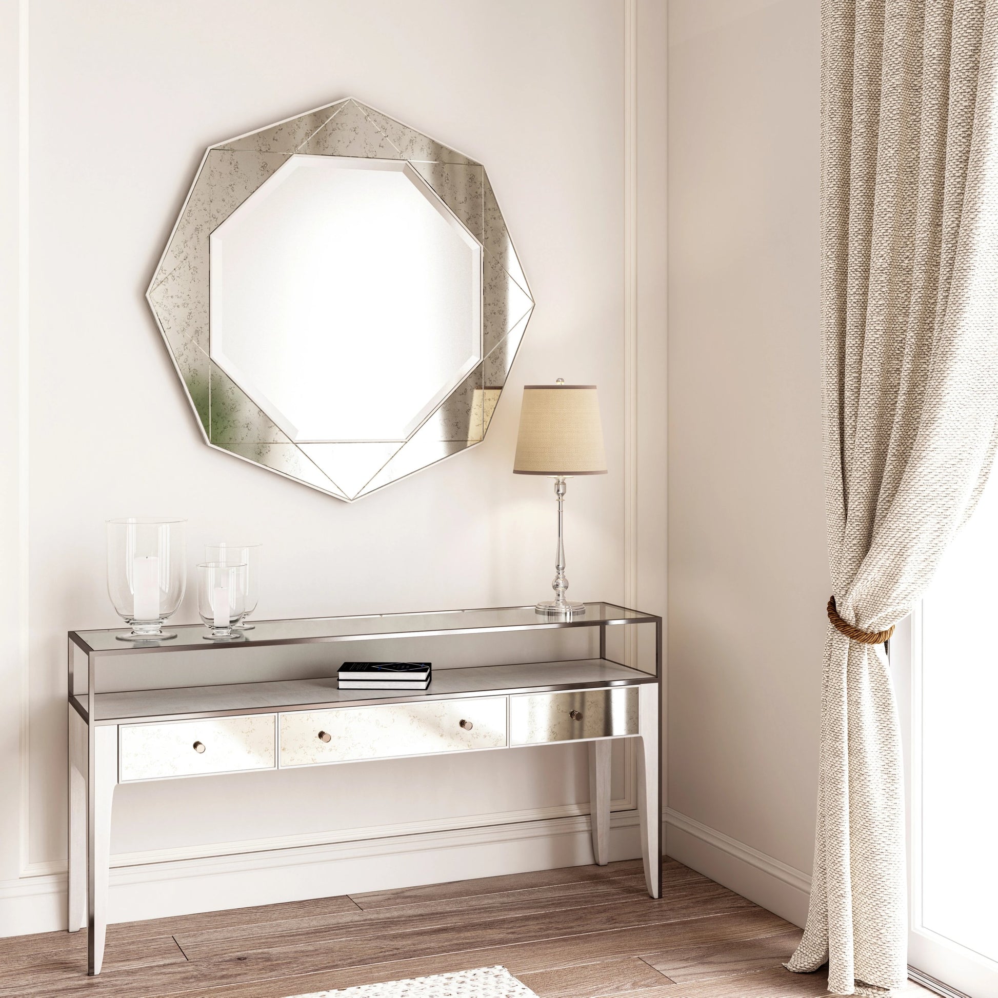 Mezzanine Console Table by A.R.T. Furniture in dove gray. Made from parawood, poplar solids, maple veneer, mirror, glass, steel in a modern style.