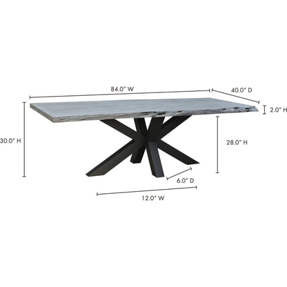 Edge Dining Table by Moe's Home Collection in light grey. Made from solid acacia, iron base in a modern style.