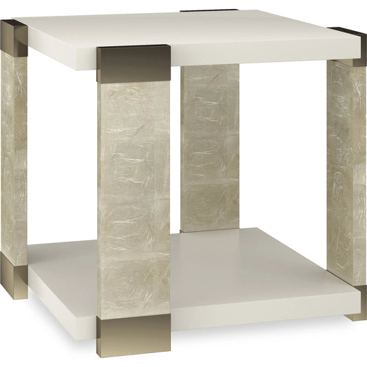 I'll Take the Corner End Table by Caracole in almond milk, oracle, whisper of gold. Made from asian hardwood, metal in a unique style.