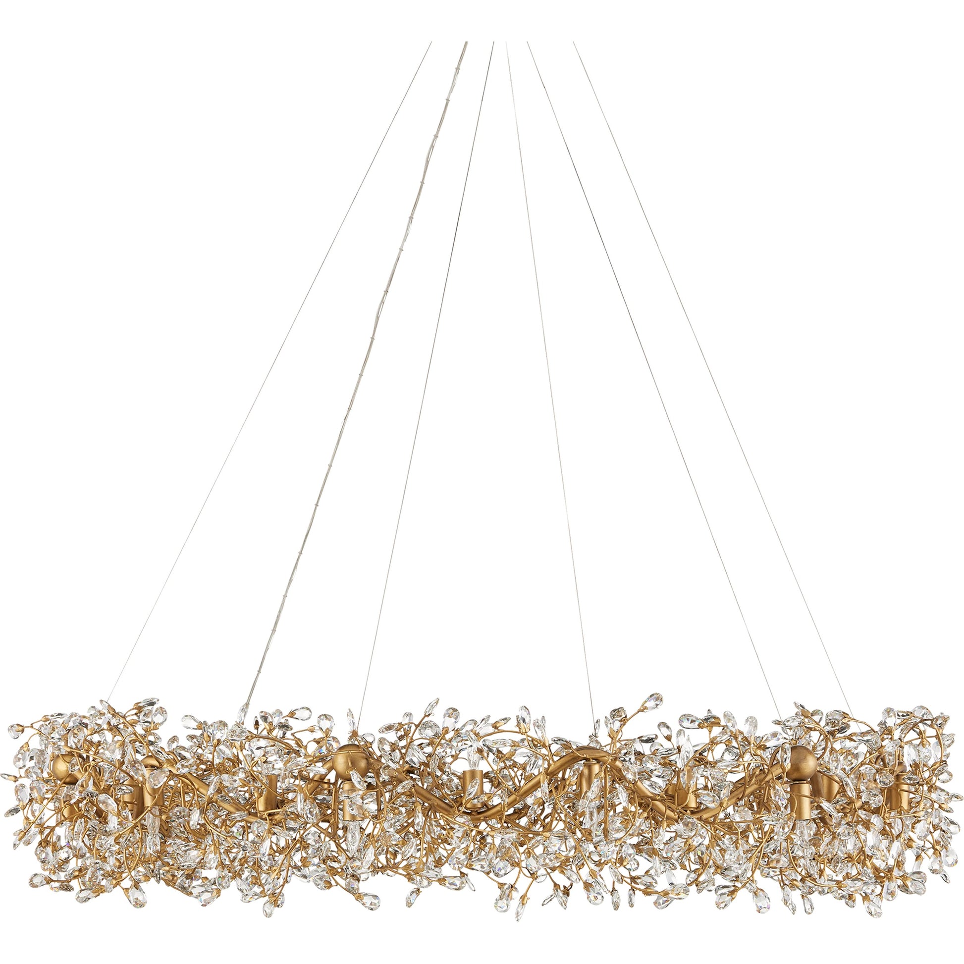 Crystal Bud Ring Chandelier by Currey and Company in clear, brass. Made from crystal, wrought iron in a modern style.