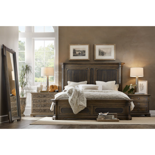 Woodcreek Mansion Bed by Hooker Furniture in saddle brown. Made from white oak veneers with resin in a traditional style.