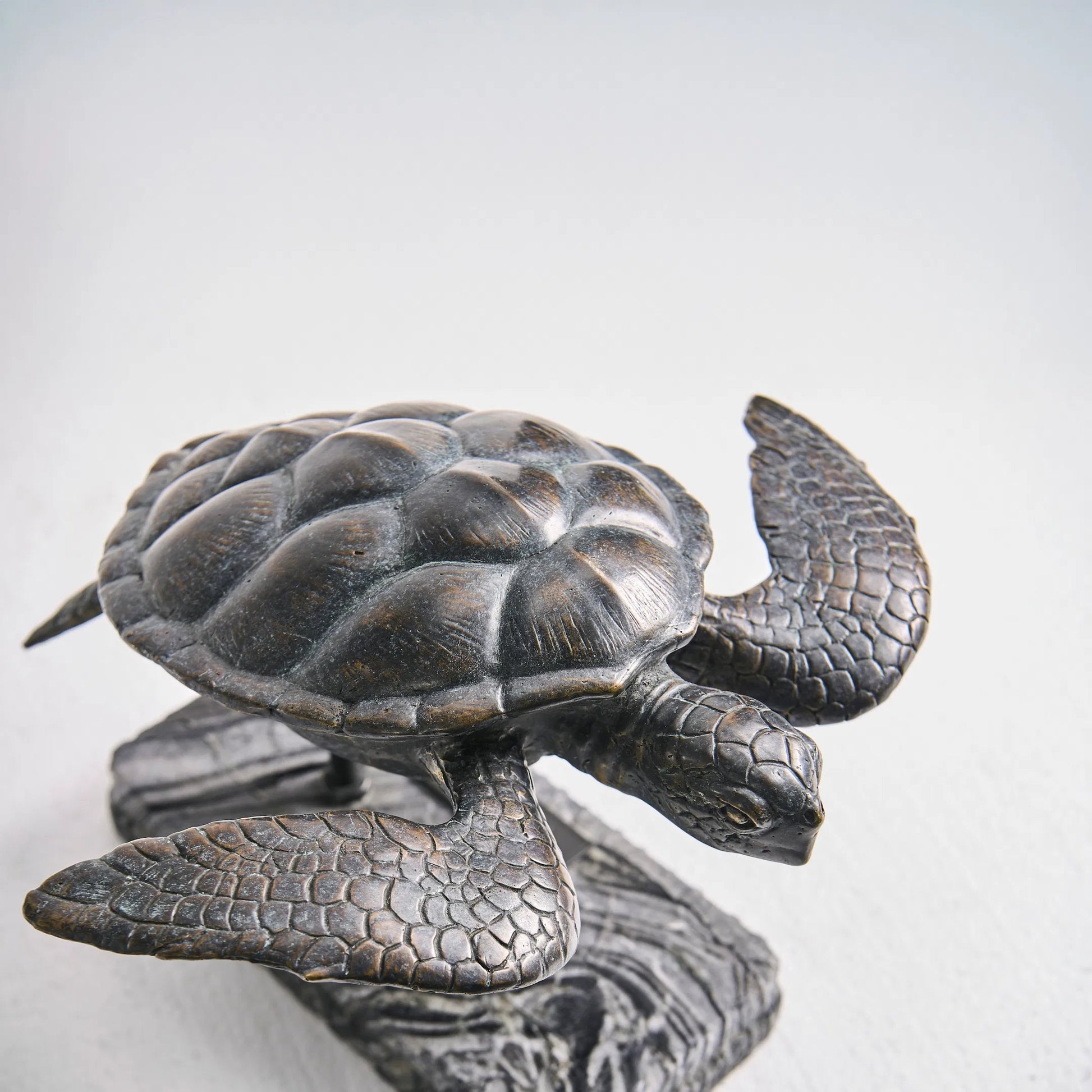 Sea Tortoise Bronze Statue with Marble Base by Jonathan Charles in dark rustic waxed bronze. Made from main brass in a unique style.