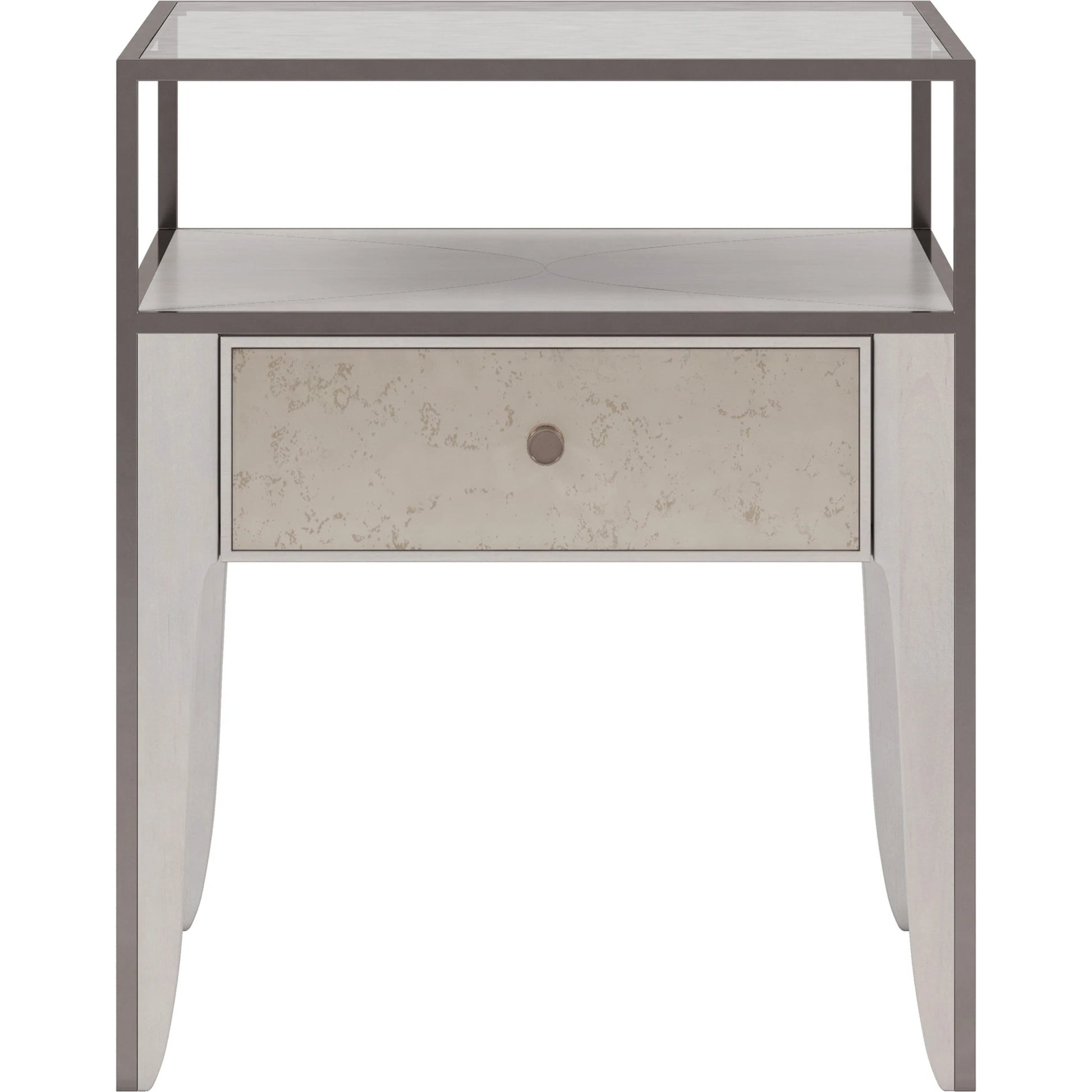 Mezzanine End Table by A.R.T. Furniture in dove gray. Made from parawood, poplar solids, maple veneer, mirror, glass, steel in a modern style.