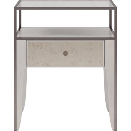 Mezzanine End Table by A.R.T. Furniture in dove gray. Made from parawood, poplar solids, maple veneer, mirror, glass, steel in a modern style.