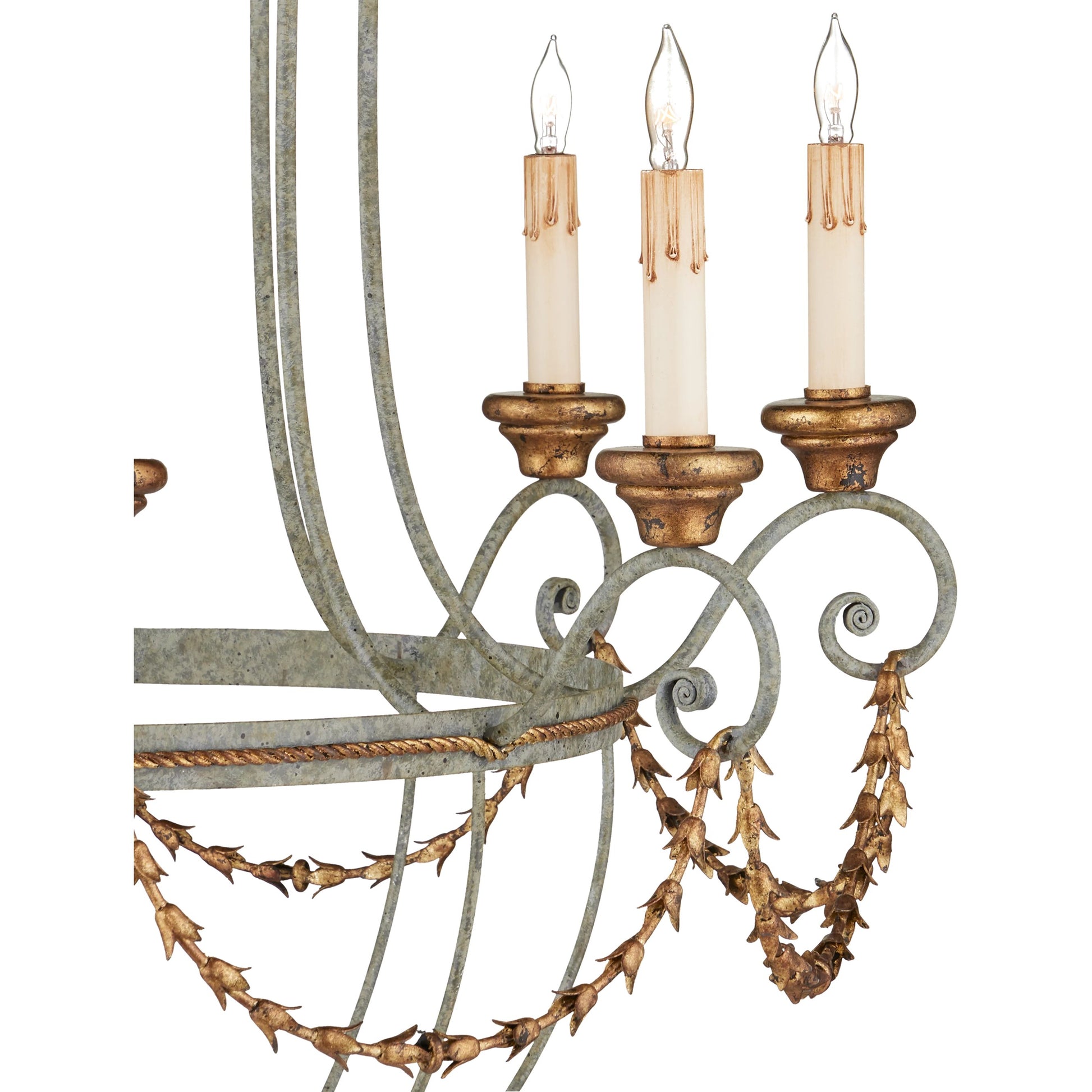 Elegance Chandelier by Currey and Company in etruscan, gold leaf. Made from wrought iron, wood in a traditional style.