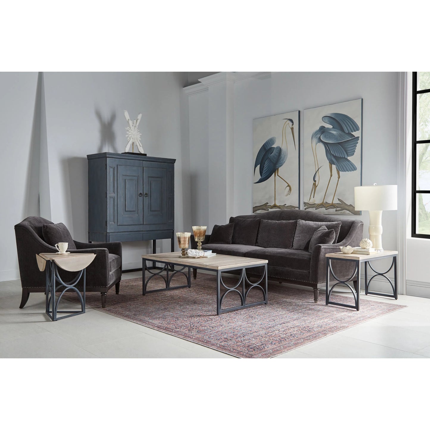 001 SI-2334453 | Lifestyle | Magritte Sofa by A.R.T. Furniture in charcoal and napa mahogany. Made from rubberwood solids, foam, fabric, metal in a traditional style.