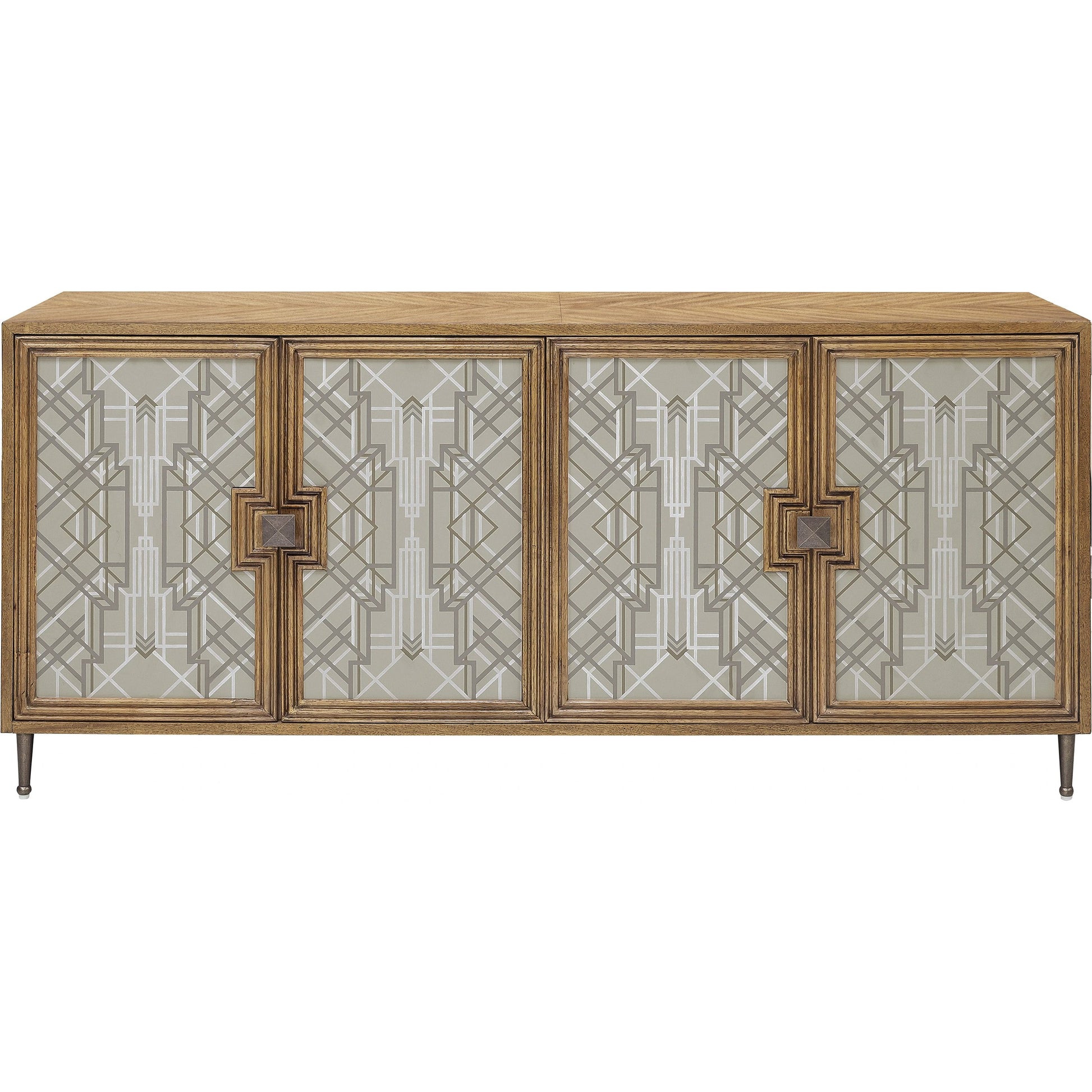 Mid-Century Modern 4 Door Credenza by Pulaski Furniture in honey. Made from rubberwood in a modern style.