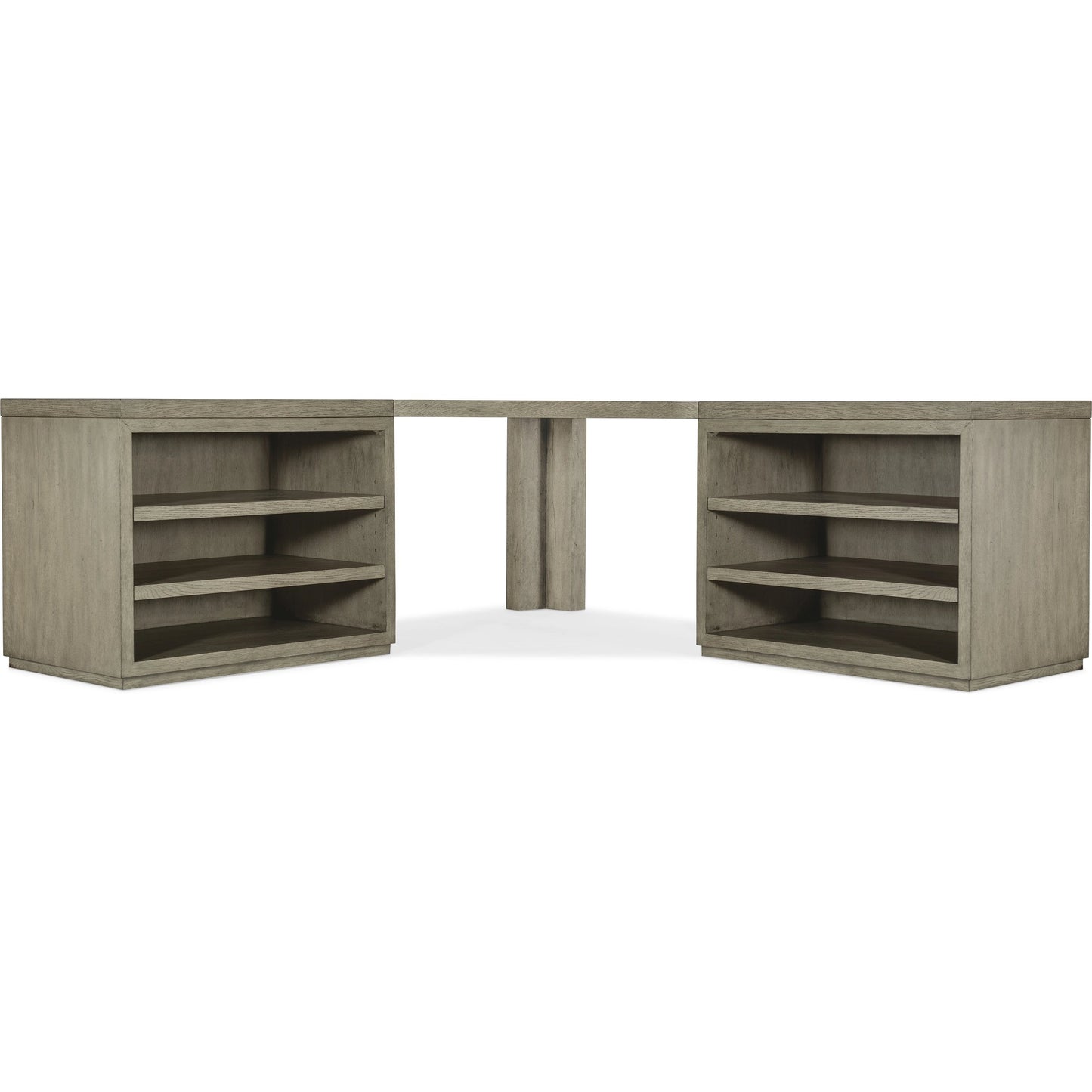 003 SI-1900742 | Additional Silo | Linville Falls Corner Desk with 2 Open Files by Hooker Furniture in mink, antique pewter. Made from oak veneers in a modern style.
