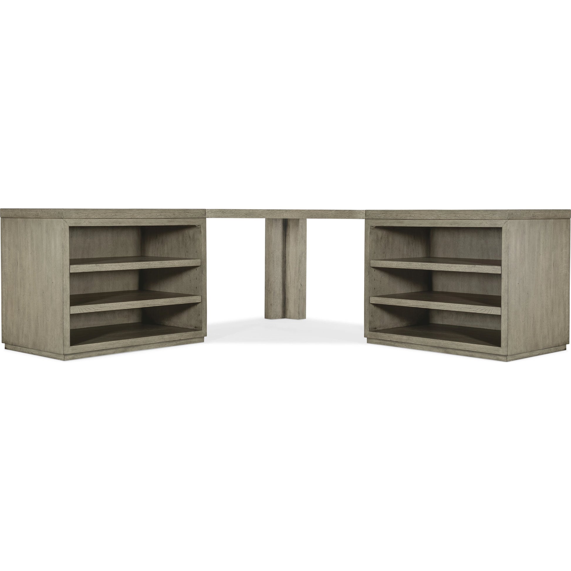 Linville Falls Corner Desk with 2 Open Files by Hooker Furniture in mink, antique pewter. Made from oak veneers in a modern style.