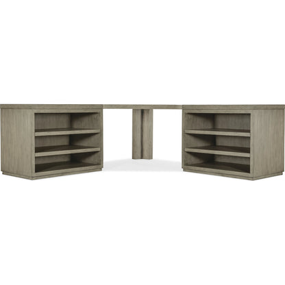 Linville Falls Corner Desk with 2 Open Files by Hooker Furniture in mink, antique pewter. Made from oak veneers in a modern style.