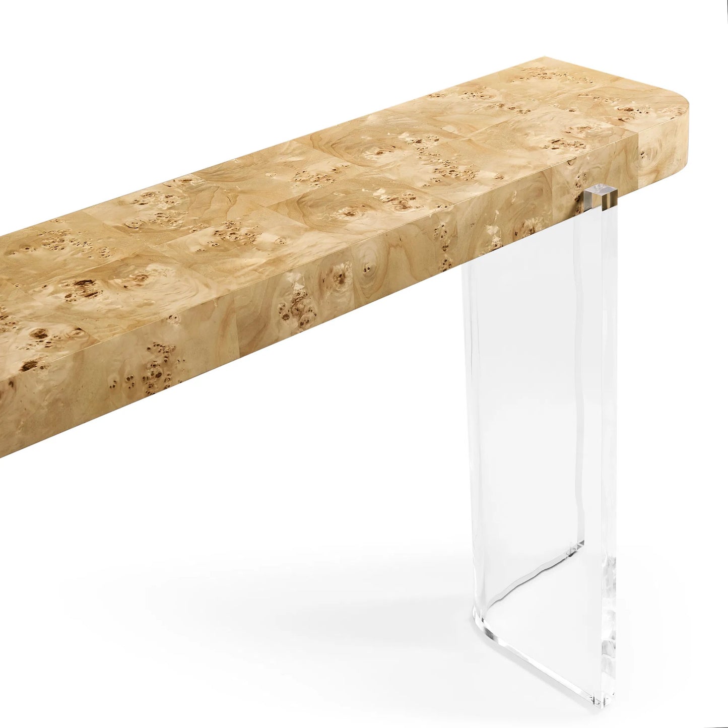 008 SI-2462653 | Closeup | Veil Console Table by Jonathan Charles in natural mappa burl. Made from mappa burl in a modern style.