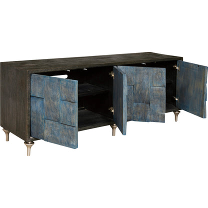4-Door Entertainment Console by Pulaski Furniture in black, ocean blue. Made from mango veneers in a unique style.