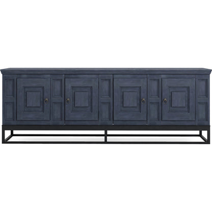 Alcove Entertainment Console by A.R.T. Furniture in slate, burnished brass. Made from acacia solids, maple veneers, iron in a transitional style.