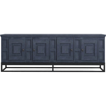 Alcove Entertainment Console by A.R.T. Furniture in slate, burnished brass. Made from acacia solids, maple veneers, iron in a transitional style.