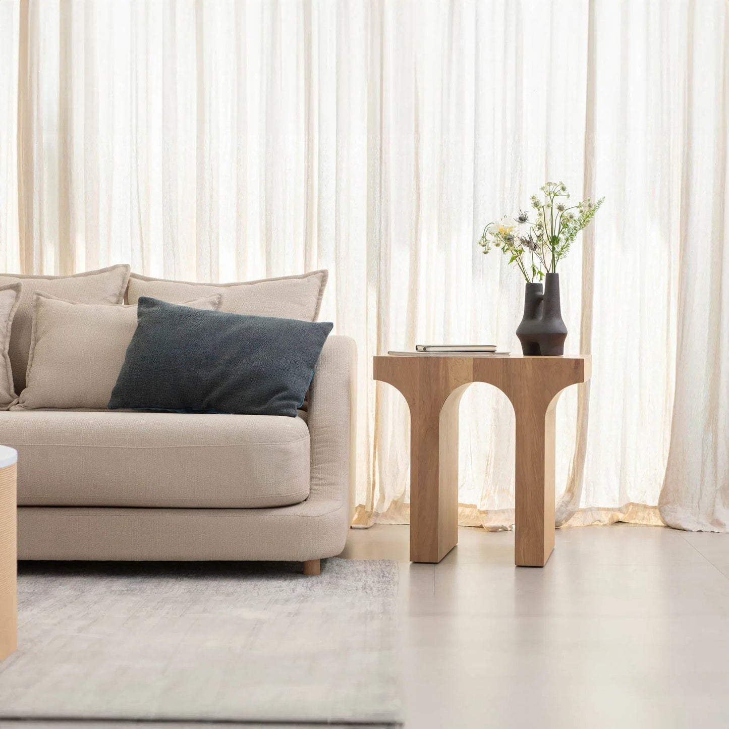 005 SI-2325319 | Lifestyle | Umbrella Side Table by LH Imports in light brown and brush white wash. Made from solid oak, oak veneer, mdf in a transitional style.