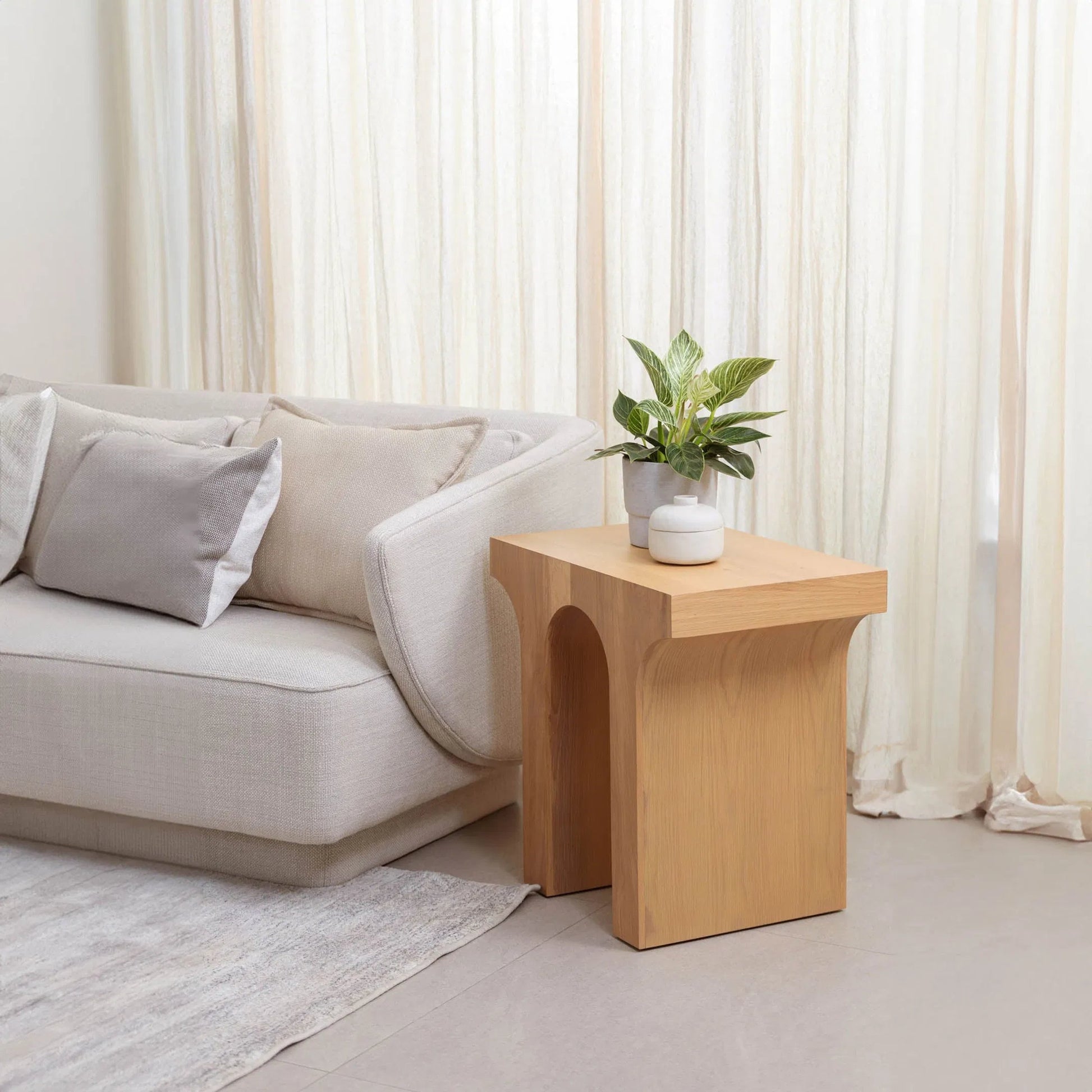Umbrella Side Table by LH Imports in light brown and brush white wash. Made from solid oak, oak veneer, mdf in a transitional style.