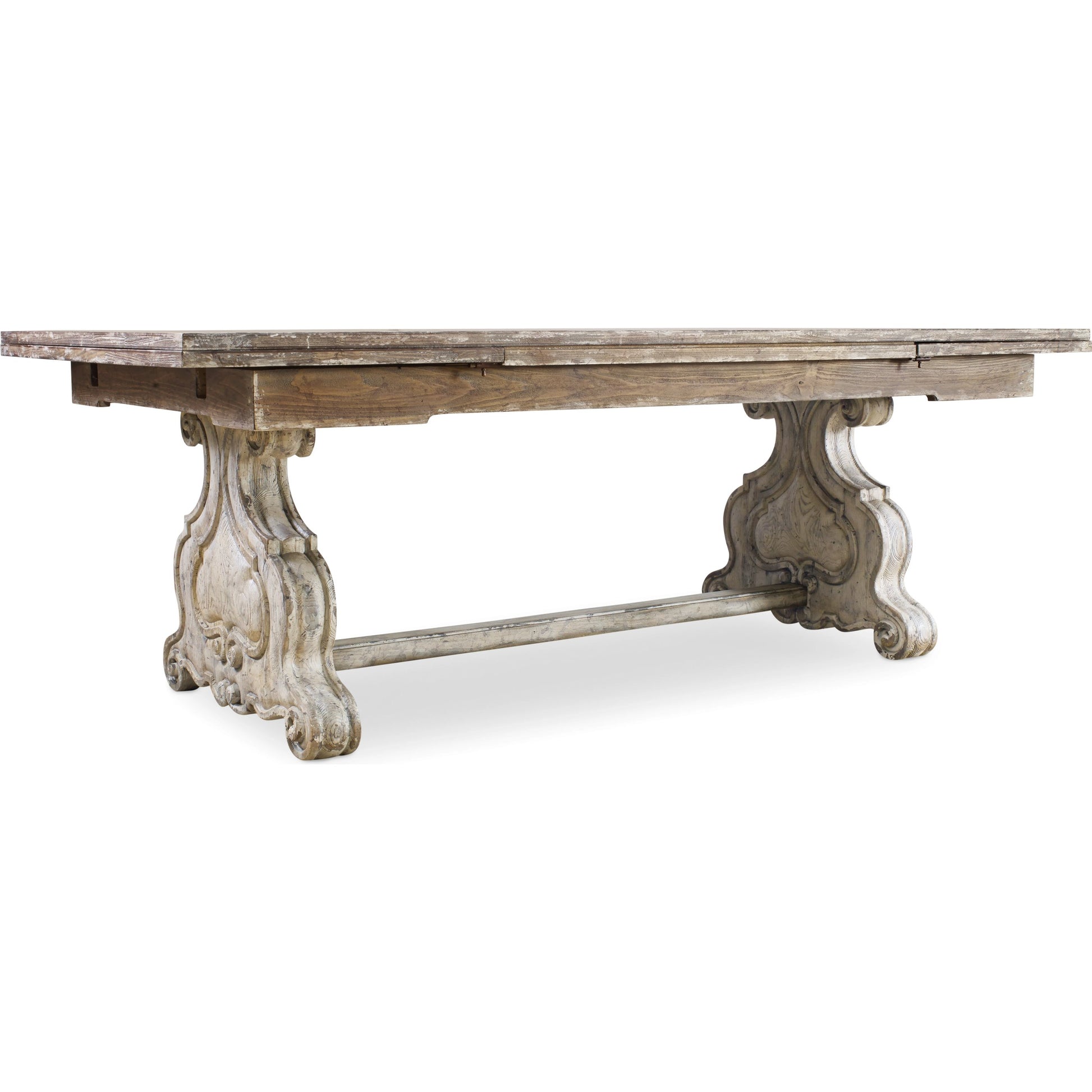 Chatelet Refectory Trestle Dining Table by Hooker Furniture in paris vintage. Made from pecan, walnut, maple veneers, resin, solid-wood edge top in a traditional style.