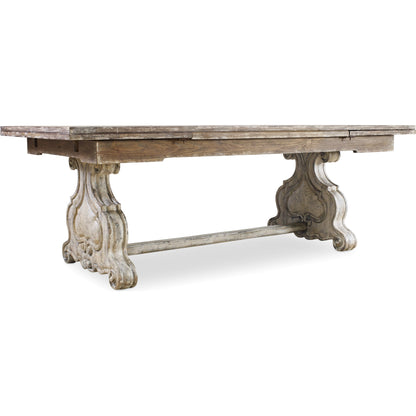 Chatelet Refectory Trestle Dining Table by Hooker Furniture in paris vintage. Made from pecan, walnut, maple veneers, resin, solid-wood edge top in a traditional style.