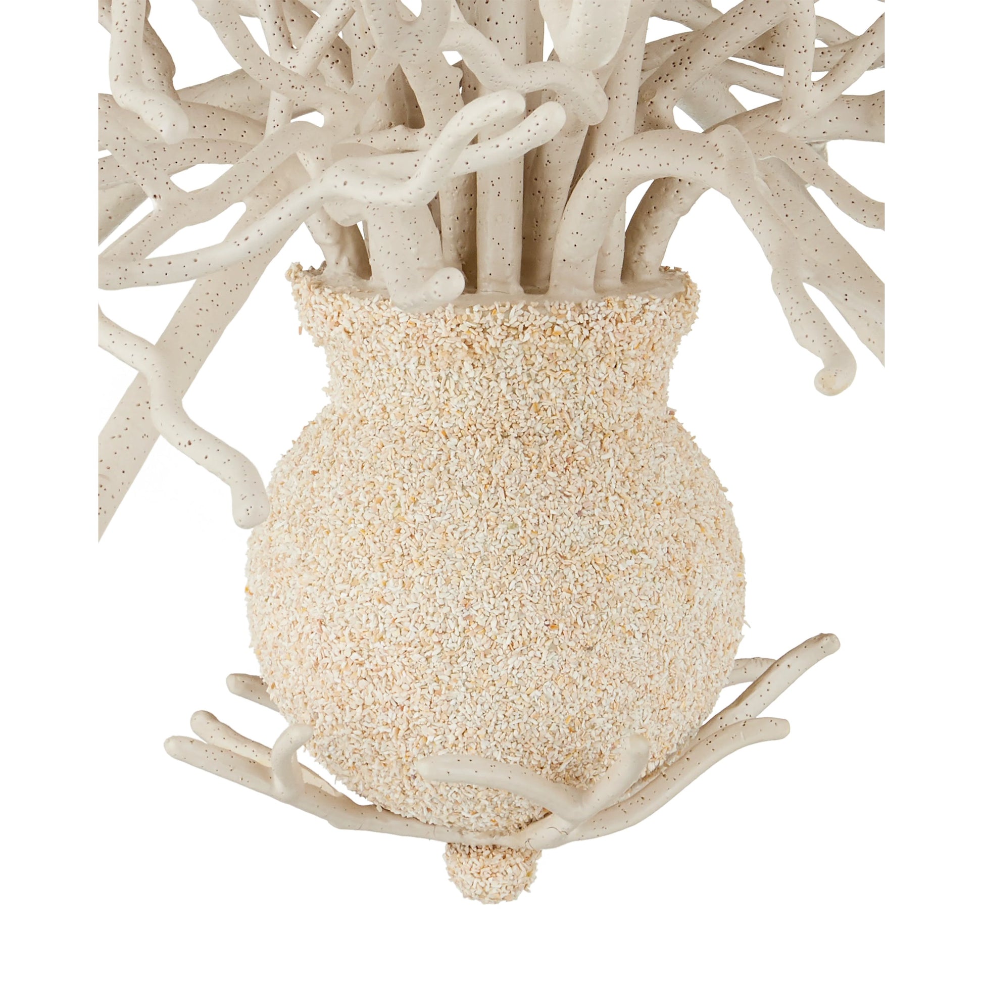 Seaward Chandelier by Currey and Company in white coral, natural sand. Made from wrought iron in a coastal style.