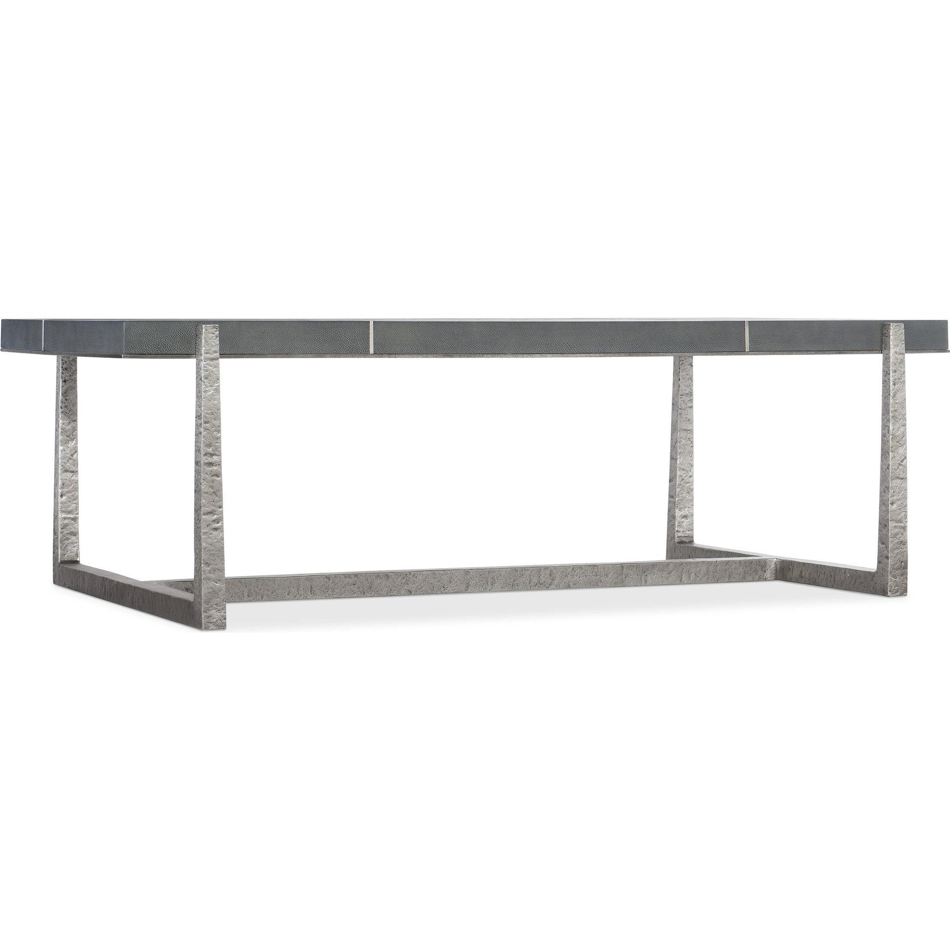 Chapman Mixed Media Cocktail Table by Hooker Furniture in gray and pewter. Made from metal, faux shagreen in a modern style.