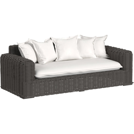 Cabo Outdoor Loveseat by Sunset West in dark wood. Made from resin wicker in a rustic style.