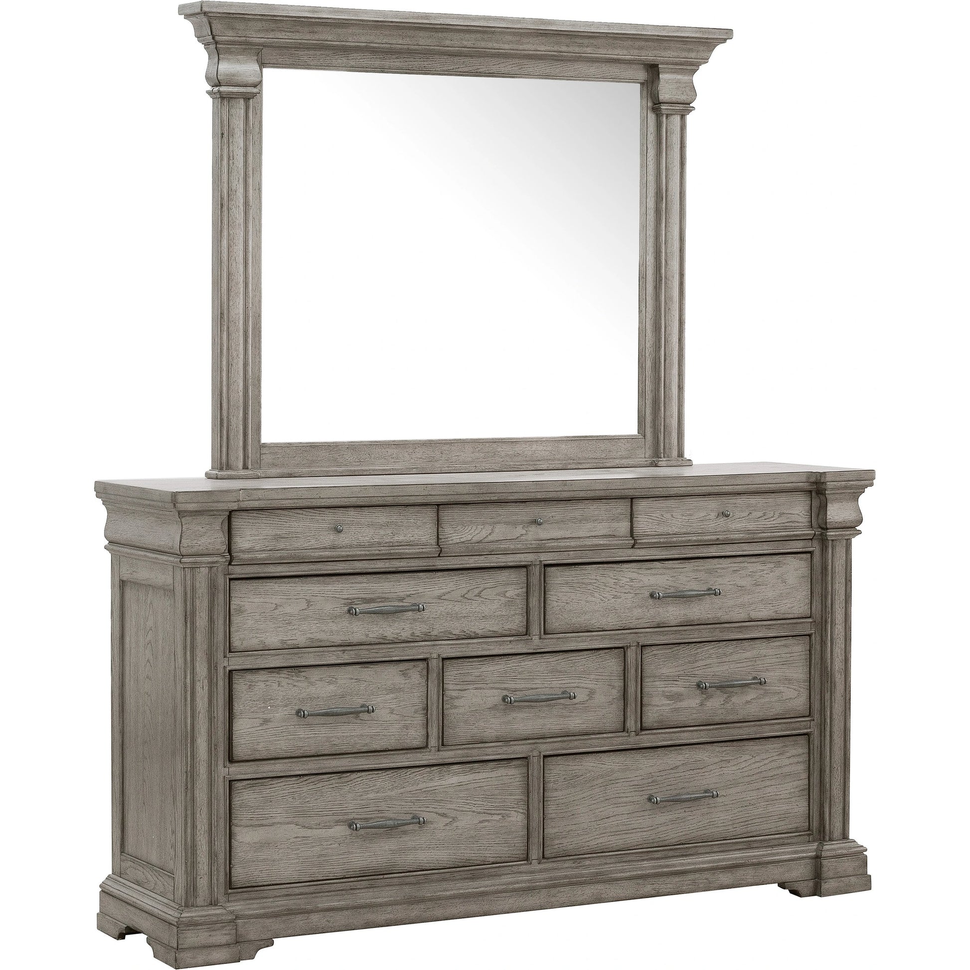 Madison Ridge Dresser/Mirror by Pulaski Furniture in bluff grey. Made from asian hardwood, oak veneers in a traditional style.