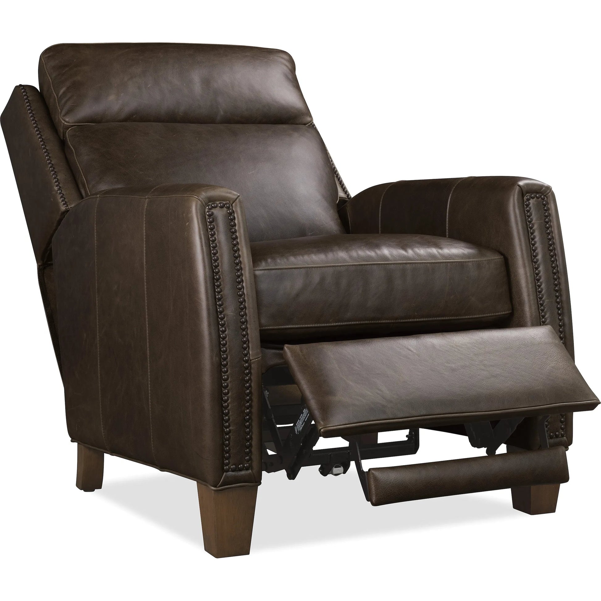 Jacklyn Power Recliner with Pop-Up Headrest by Hooker Furniture in dark wood. Made from leather in a traditional style.