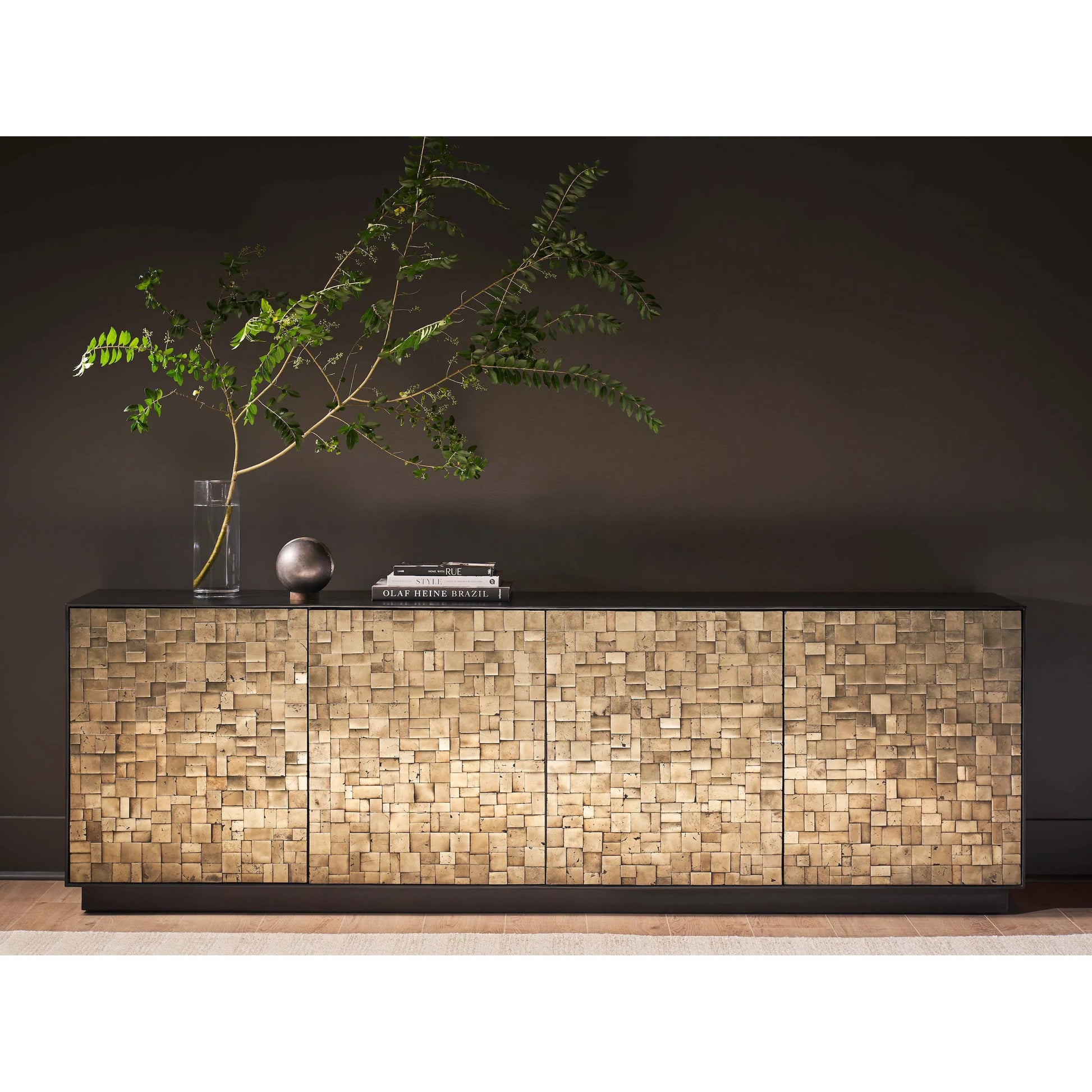 Modern Cosmo Credenza by Universal Furniture in pyrite, matte black. Made from unique in a unique style.
