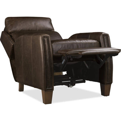 Jacklyn Power Recliner with Pop-Up Headrest by Hooker Furniture in dark wood. Made from leather in a traditional style.