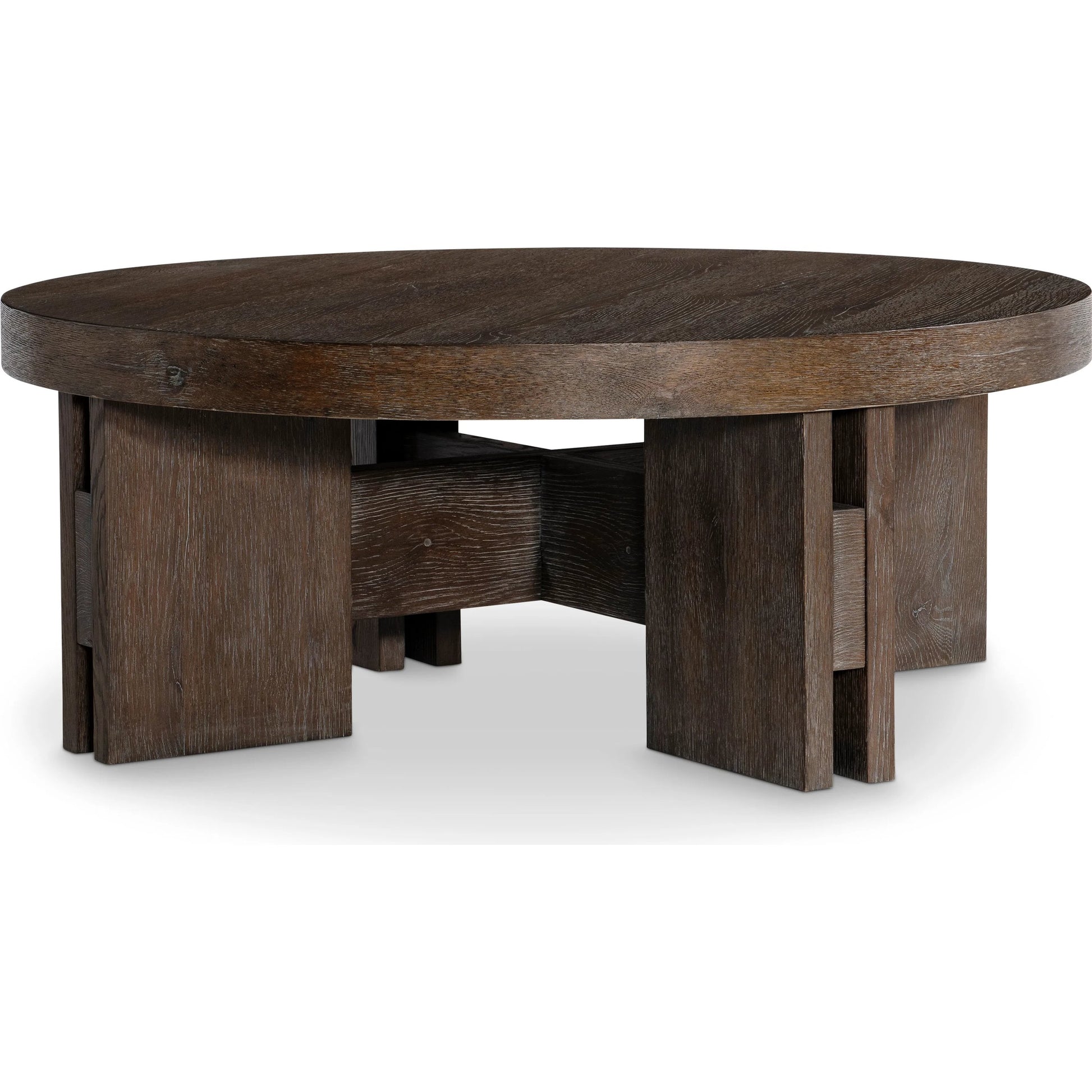 Outline Round Cocktail Table by Bernhardt in cassel. Made from wood in a transitional style.