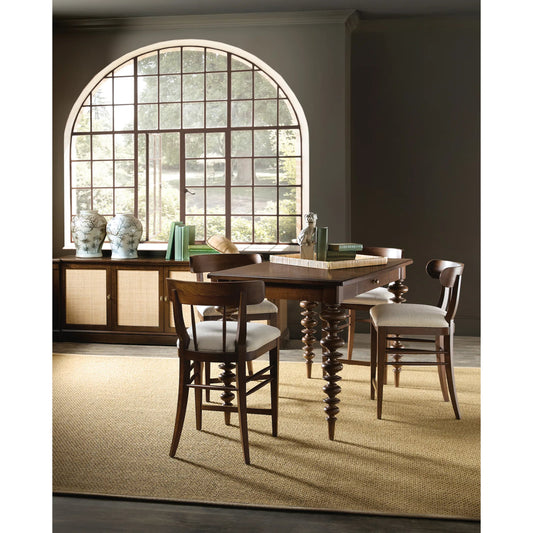 Archives Gathering Table by Hooker Furniture in dark wood and classic walnut. Made from cathedral figured walnut veneers, oak veneers, solid wood edged top in a unique style.