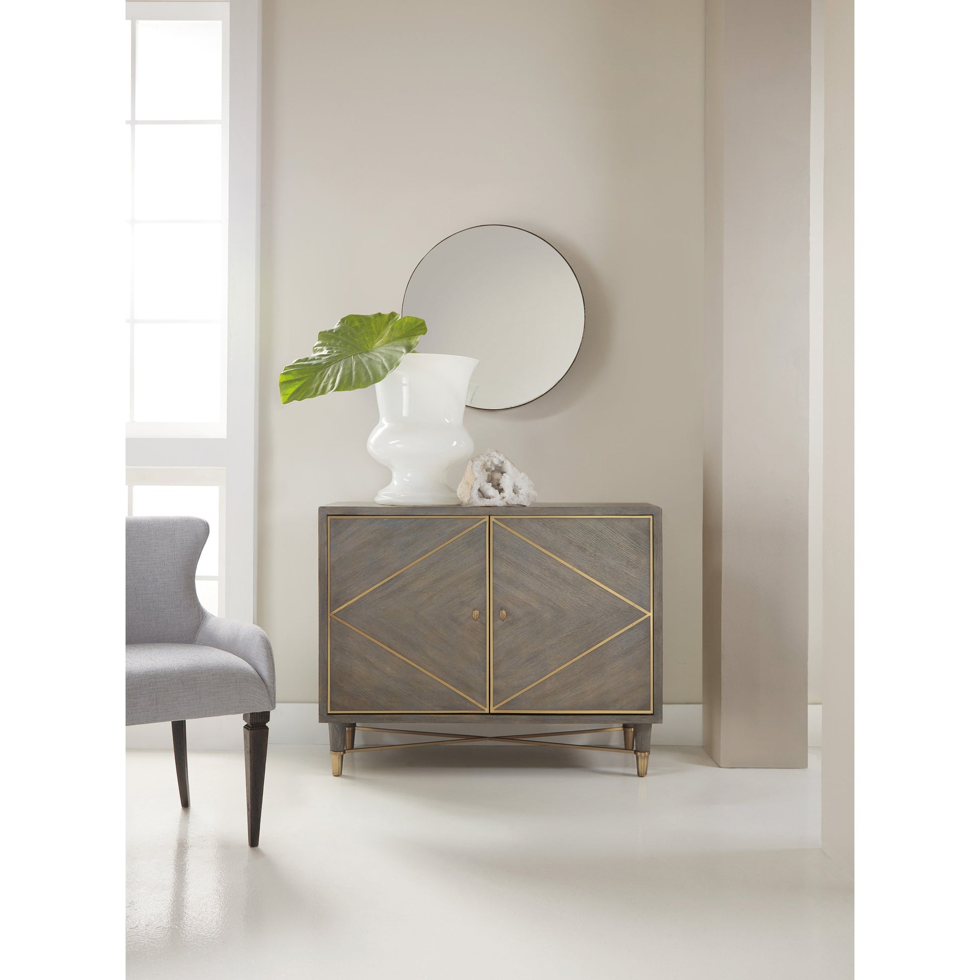 Breck Chest by Hooker Furniture in gray. Made from oak veneers with copper in a modern style.