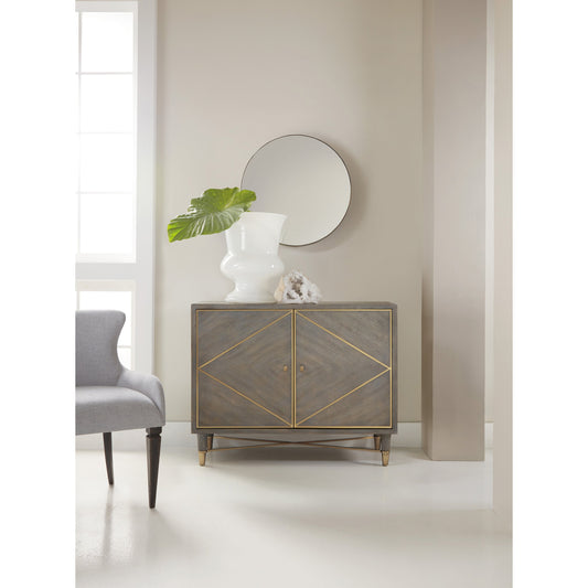 Breck Chest by Hooker Furniture in gray. Made from oak veneers with copper in a modern style.