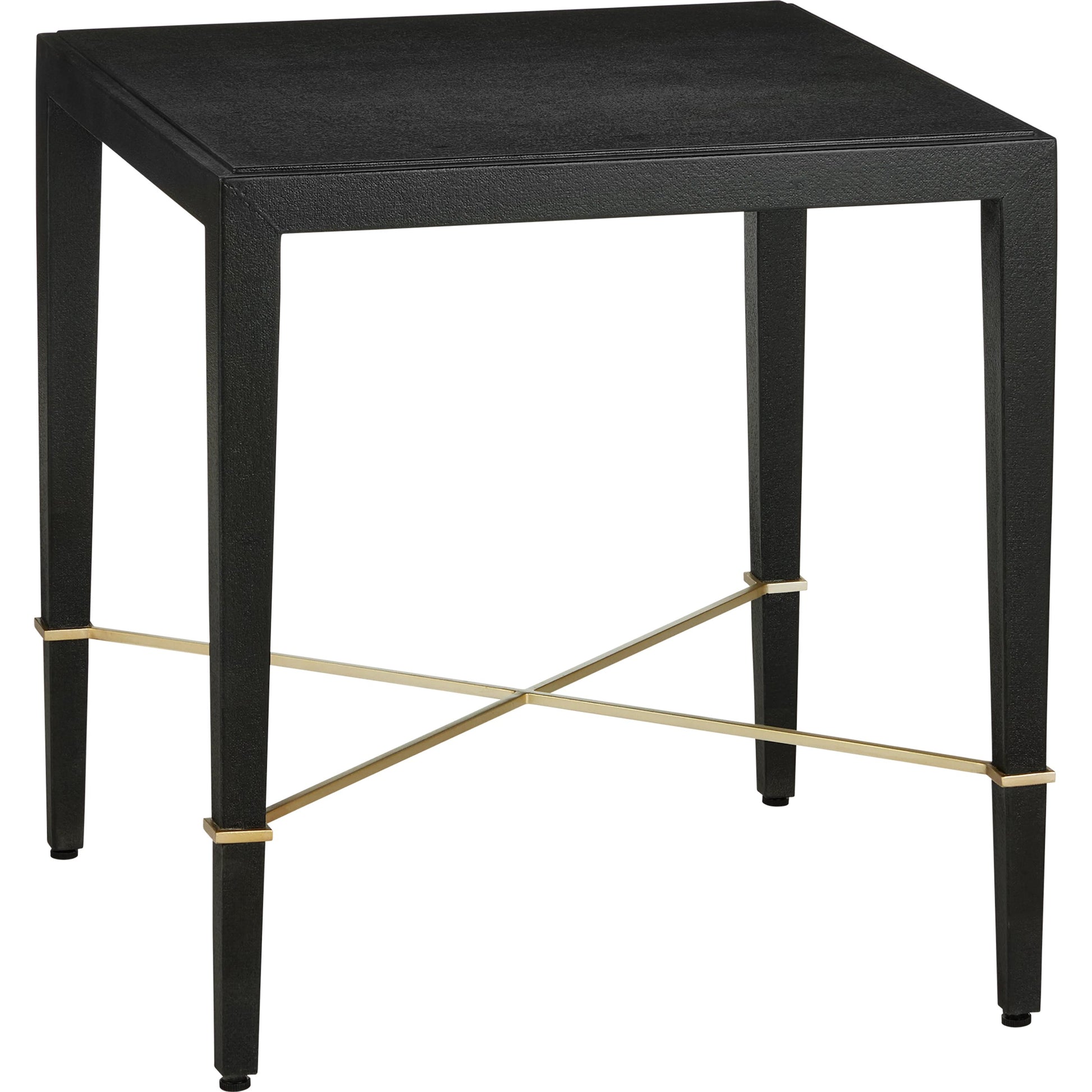 Verona End Table by Currey and Company in black lacquered linen, champagne. Made from lacquered linen, mahogany, engineered wood, metal in a modern style.