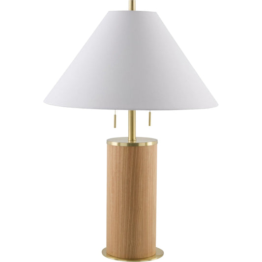 Upata Accent Table Lamp by Surya in body: cream; base: metallic - brass; shade: white; finial: gold; harp: metallic - gold; cord: translucent and polishedpaintedplated. Made from manufactured wood, iron, linen, polyester, st
