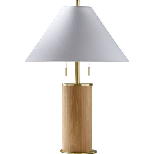 Upata Accent Table Lamp by Surya in body: cream; base: metallic - brass; shade: white; finial: gold; harp: metallic - gold; cord: translucent and polishedpaintedplated. Made from manufactured wood, iron, linen, polyester, steel