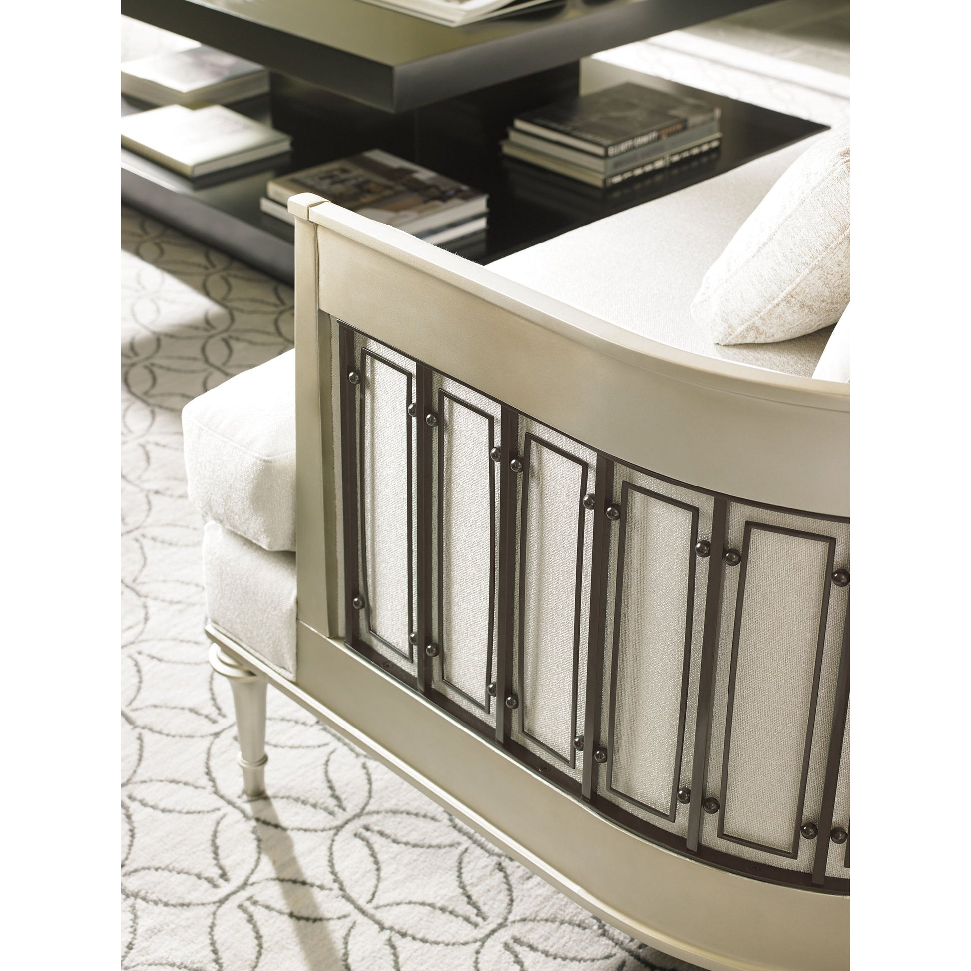 Quit Your Metal-Ing Sofa by Caracole in natural and platinum, tungsten. Made from birch, plated metal in a cottage & farmhouse style.