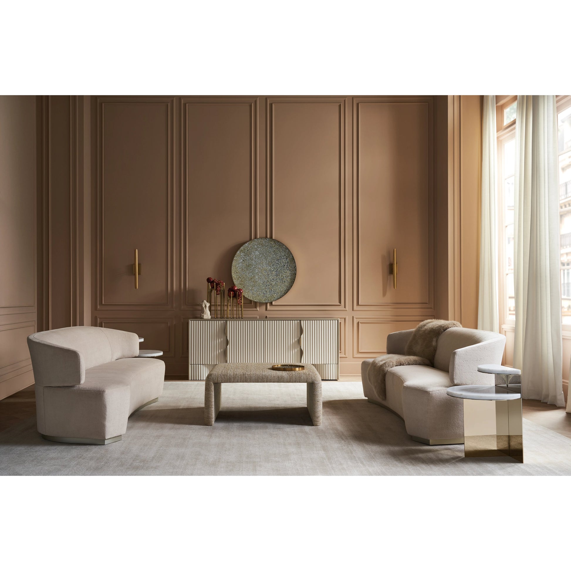 Olympia Sofa by Caracole in ivory and sparkling argent. Made from birch in a modern style.