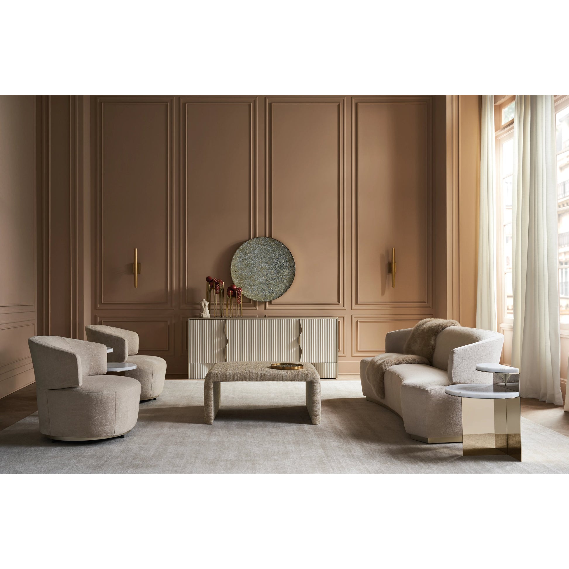 Olympia Sofa by Caracole in ivory and sparkling argent. Made from birch in a modern style.