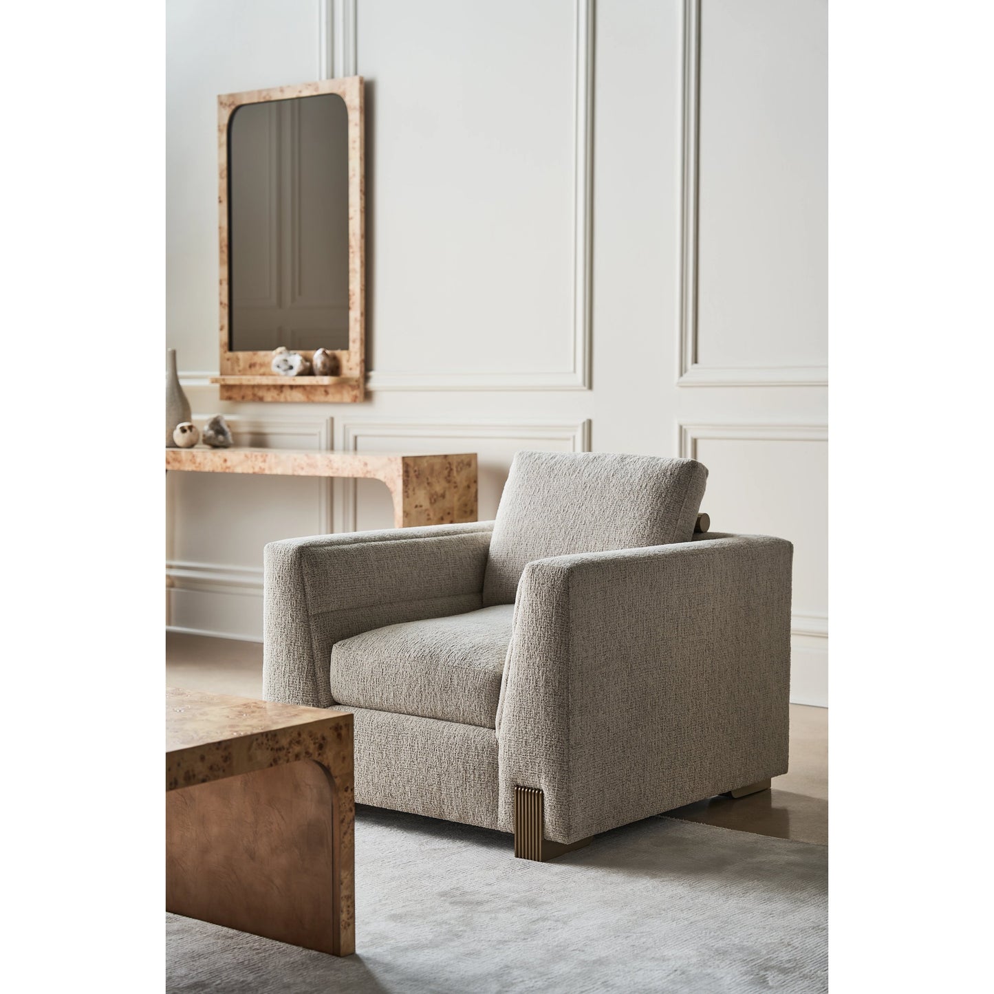 006 SI-2096019 | Lifestyle | Counter Balance Chair by Caracole in oatmeal and champagne gold. Made from metal in a modern style.