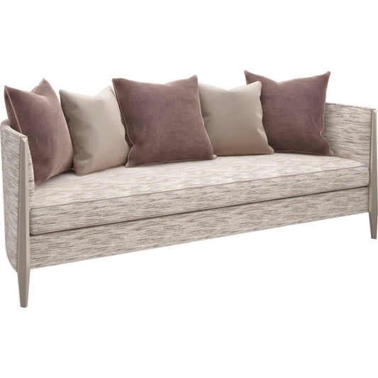 Piping Hot Sofa by Caracole in soft silver. Made from birch in a transitional style.