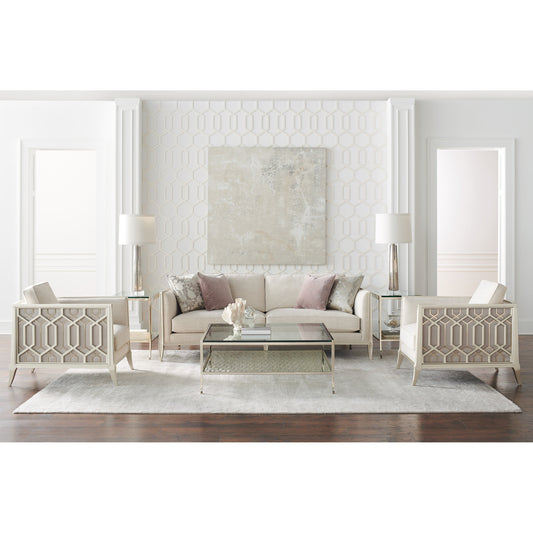 Just Duet Sofa by Caracole in steel, silver, champagne and soft silver paint, champagne gold. Made from birch, stainless steel in a transitional style.